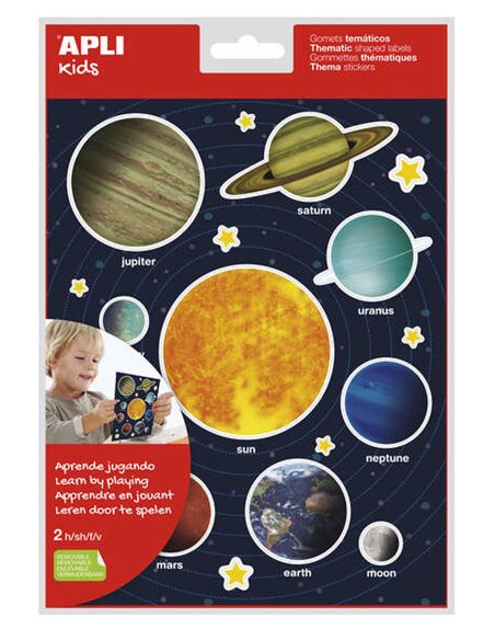Sachet d'autocollants sur le thème du système solaire Apli - 40 autocollants sur 2 feuilles - Adhésif amovible - Aide à l'appren