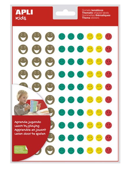 Mini autocollants Happy Face Apli - 180 autocollants par sachet - 4 styles de visage différents - Adhésif amovible - Motive et r