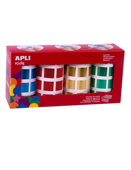 Autocollants carrés métalliques Apli - Taille 20 mm - Adhésif permanent - 4 rouleaux de 5 640 autocollants de couleurs assorties