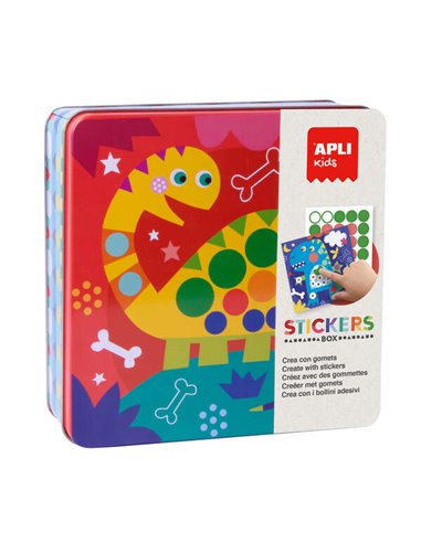Coffret d'autocollants dinosaures Apli Kids - Comprend 8 feuilles illustrées - 8 feuilles d'autocollants amovibles - Boîte métal