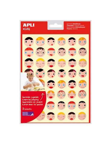 Apli Gomets Emotions - Ø 23 mm et Ø 20 mm - 144 Gomets par sachet - 16 modèles différents - Adhésif amovible - Aide à exprimer l