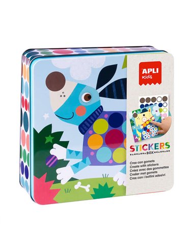 Jeux d'autocollants pour chiens Apli dans une boîte en métal - Comprend 8 feuilles illustrées et 8 feuilles d'autocollants amovi