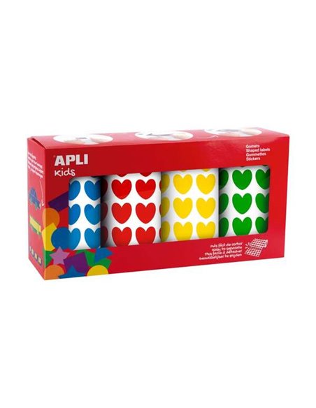 Pack de 4 rouleaux d'autocollants cœurs Apli - 1770 autocollants par rouleau - Adhésif permanent - 7080 autocollants au total - 