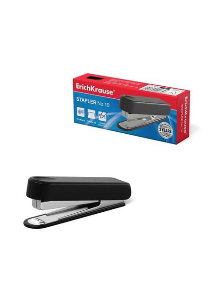 Agrafeuse Erichkrause n° 10 - Jusqu'à 15 feuilles - Plastique antichoc - Mécanisme en acier - Capacité de 50 agrafes - Noir