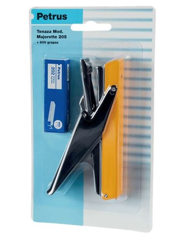 Agrafeuse-pince Mini Majorette Petrus 205 + 1 boîte de 600 agrafes - Jusqu'à 10 feuilles - Agrafage fermé - Couleurs assorties