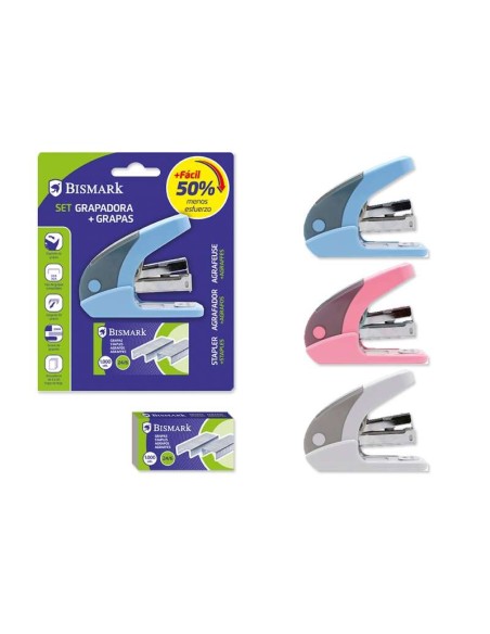 Agrafeuse sans effort Bismark - Système révolutionnaire - 50 % d'effort en moins - Agrafes incluses - Couleurs assorties