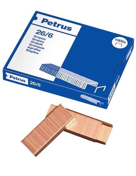 Boîte de 1 000 agrafes cuivrées Petrus 26/6 - Jusqu'à 30 feuilles - Pointe de 6 mm