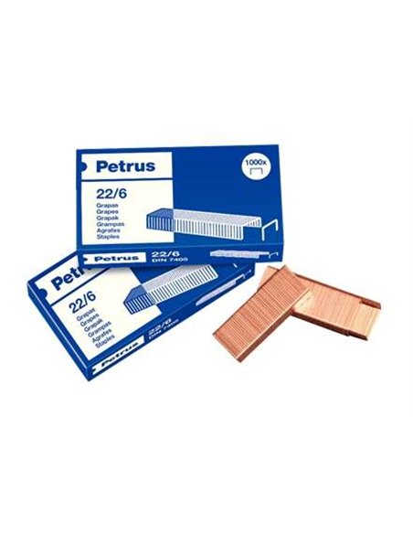 Lot de 4 boîtes de 1 000 agrafes cuivrées 22/6 Petrus - Jusqu'à 30 feuilles - Pointe de 6 mm