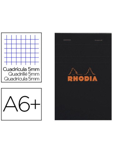 Bloc bureau rhodia a6+ papier vélin surfin couverture enduite enveloppante 110x170mm 80f détachables 80g 5x5mm noir