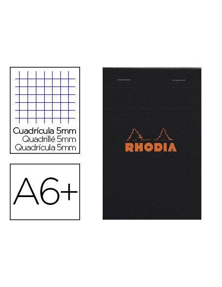 Bloc bureau rhodia a6+ papier vélin surfin couverture enduite enveloppante 110x170mm 80f détachables 80g 5x5mm noir