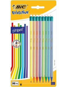Crayons graphite hexagonaux Bic Evolution Stripes avec gomme - Mine HB ultra-résistante - Corps en résine synthétique - Couleurs
