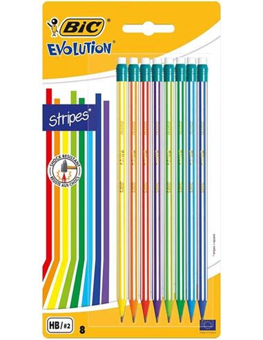 Crayons graphite hexagonaux Bic Evolution Stripes avec gomme - Mine HB ultra-résistante - Corps en résine synthétique - Couleurs