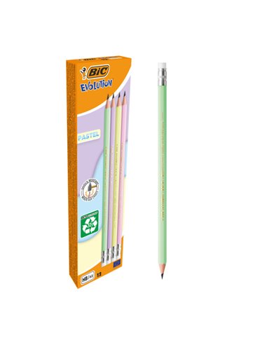 Crayon graphite hexagonal Bic Evolution Pastel avec gomme - Mine HB ultra-résistante - Sans bois - Sans échardes - Couleurs past