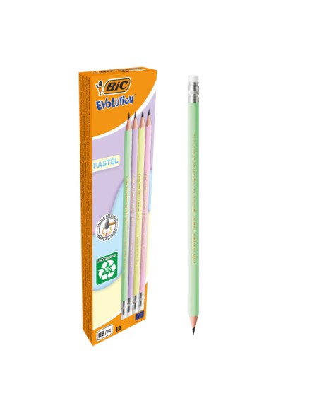 Crayon graphite hexagonal Bic Evolution Pastel avec gomme - Mine HB ultra-résistante - Sans bois - Sans échardes - Couleurs past