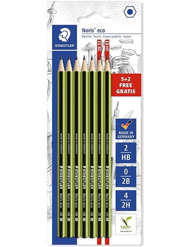 Crayons graphite hexagonaux Staedtler Noris Eco, lot de 7 - Graduations assorties, surface veloutée, mine lisse et résistante à 