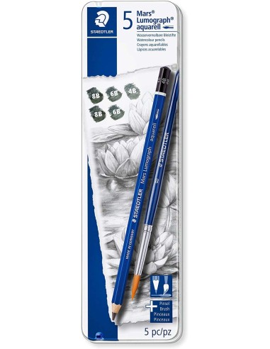 Crayons graphite Staedtler Mars Lumograph Aquarell 100A, lot de 5, résistants à la casse, graduations assorties