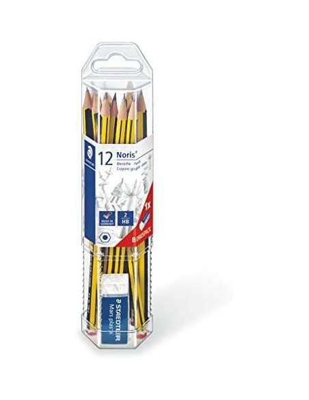Crayons graphite hexagonaux Staedtler Noris 120 (lot de 12) + gomme - Mine HB ultra-résistante 2 mm - Bois issu de forêts durabl