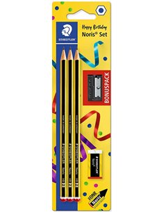 Crayons graphite Staedtler Noris 120, lot de 3, gomme et taille-crayon hexagonaux - Mine HB ultra-résistante 2 mm - Bois issu de