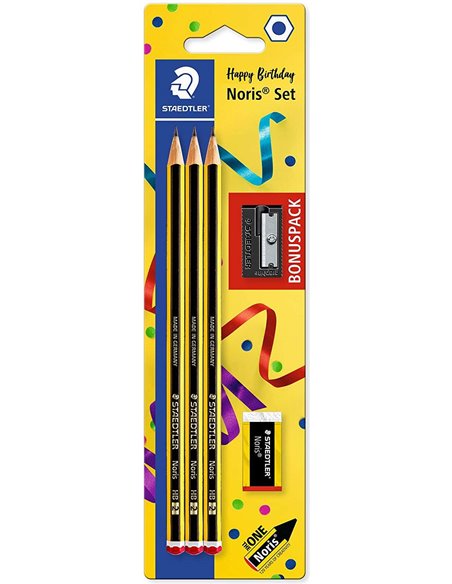 Crayons graphite Staedtler Noris 120, lot de 3, gomme et taille-crayon hexagonaux - Mine HB ultra-résistante 2 mm - Bois issu de