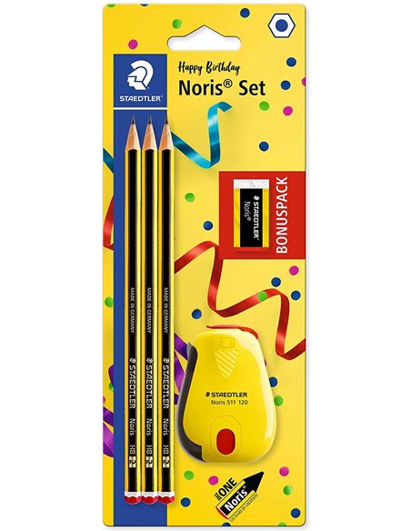 Crayons graphite Staedtler Noris 120, lot de 3, gomme et taille-crayon hexagonaux - Mine HB ultra-résistante 2 mm - Bois issu de