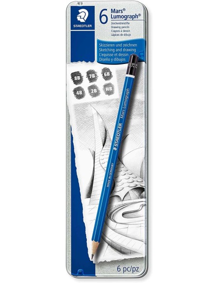 Crayons graphite Staedtler Mars Lumograph, lot de 100, 6 pièces - Résistance à la casse - Graduations assorties