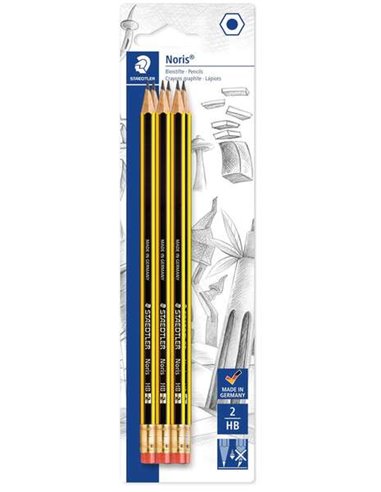 Crayons graphite Staedtler Noris 122 hexagonaux 2HB avec gomme - Résistants à la casse - Bois issu de forêts durables