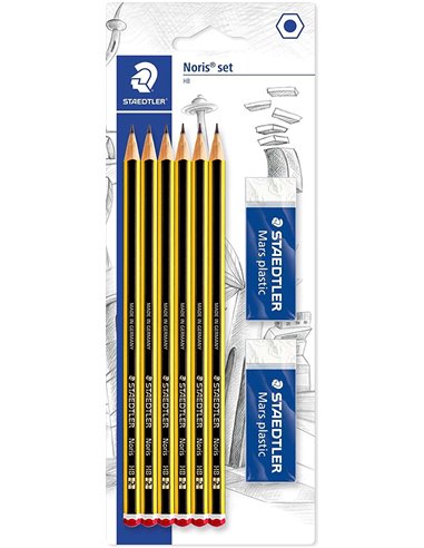 Lot de 6 crayons graphite hexagonaux Staedtler Noris 120 (2HB) + 2 gommes plastiques Mars - Bois issu de forêts durables
