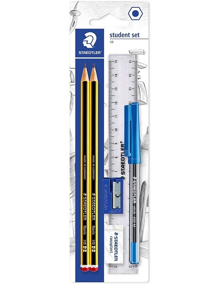 Lot de 2 crayons graphite hexagonaux Staedtler Noris 2HB + 1 stylo bille Stick 430 bleu + 1 gomme + 1 taille-crayon + 1 règle