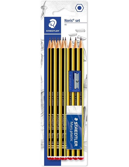 Staedtler Noris 120 Lot de 10 crayons graphite hexagonaux 2HB + 1 gomme plastique 526 50 + 1 taille-crayon 510 50 - Résistant à 