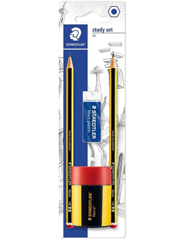 Lot de 120 crayons graphite Staedtler hexagonaux 2HB + 1 taille-crayon avec réservoir + 1 gomme plastique Mars - Bois issu de fo