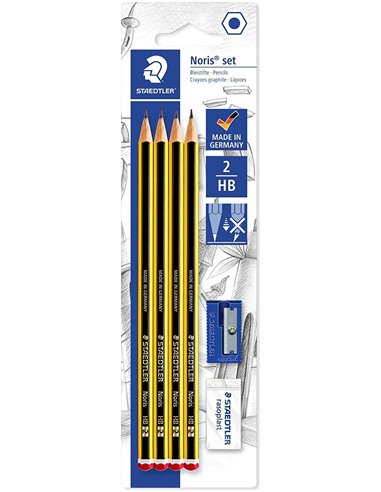 Staedtler Noris 120 Lot de 4 crayons graphite hexagonaux 2HB + 1 gomme Rasoplast + 1 taille-crayon - Résistant à la casse - Bois