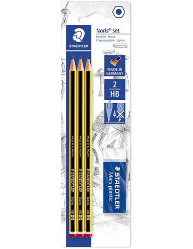 Lot de 3 crayons graphite hexagonaux Staedtler Noris 120 (2HB) + 1 gomme plastique Mars - Bois issu de forêts durables