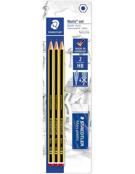 Lot de 3 crayons graphite hexagonaux Staedtler Noris 120 (2HB) + 1 gomme plastique Mars - Bois issu de forêts durables