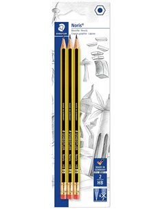 Crayons graphite Staedtler Noris 122, lot de 3, hexagonaux, 2HB, avec gomme - Résistants à la casse - Bois issu de forêts durabl