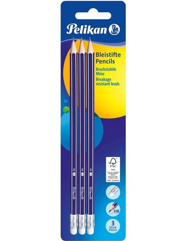 Blister Pelikan de 3 crayons en bois HB - Pointe graphite HB - Corps verni - Mine résistante
