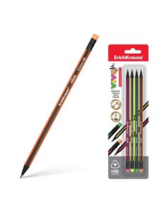 Crayons graphite triangulaires Erichkrause Vivo HB, lot de 4, avec gomme couleur crayon - Bois sélectionné - Résistant aux chocs