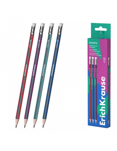 Crayon graphite triangulaire HB Erichkrause Sonata avec gomme - Taille-crayon facile - Ne raye pas le papier - Bois sélectionné 