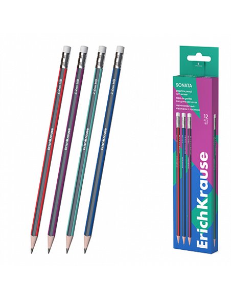 Crayon graphite triangulaire HB Erichkrause Sonata avec gomme - Taille-crayon facile - Ne raye pas le papier - Bois sélectionné 