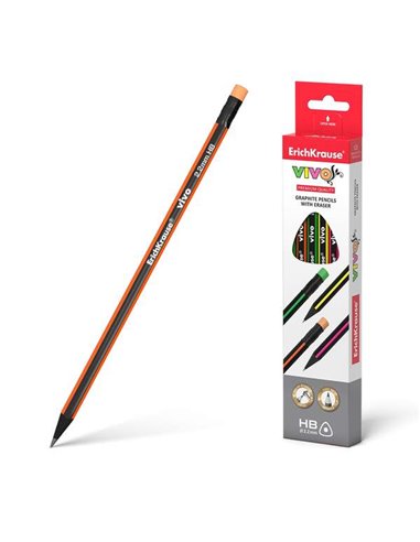 Crayon graphite triangulaire Erichkrause Vivo HB avec gomme - Bois sélectionné - Haute résistance aux chocs - Taille facile - Co