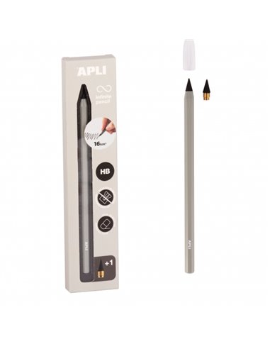 Crayon Apli Infinite, pack de crayons HB Infinite + mine de rechange + capuchon de protection - Pour écrire jusqu'à 16 km - Coul