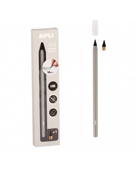 Crayon Apli Infinite, pack de crayons HB Infinite + mine de rechange + capuchon de protection - Pour écrire jusqu'à 16 km - Coul