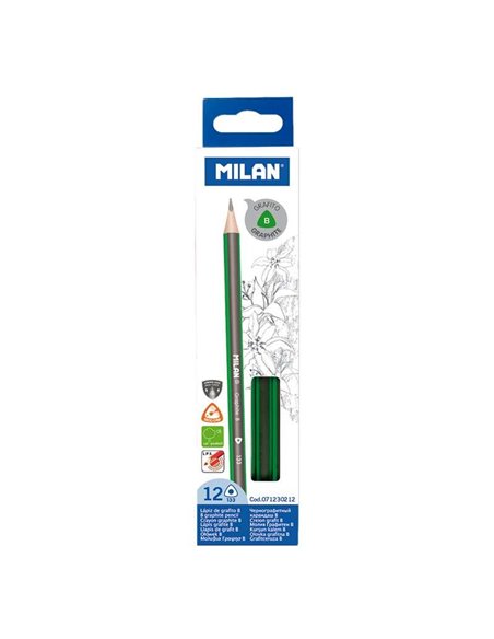 Lot de 12 crayons graphite triangulaires Milan - Mine B 2,4 mm - Incassables - Pour écrire et dessiner