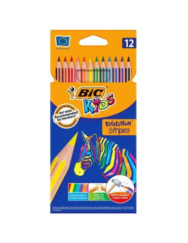 Bic Kids Evolution Stripes Coffret de 12 crayons de couleur assortis - En résine - Pointe ultra-résistante - Mine pigmentée 3,20