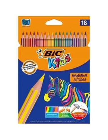Coffret de 18 crayons de couleur assortis Bic Kids Evolution Stripes - En résine - Pointe ultra-résistante - Mine pigmentée 3,20