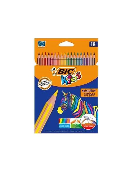 Coffret de 18 crayons de couleur assortis Bic Kids Evolution Stripes - En résine - Pointe ultra-résistante - Mine pigmentée 3,20
