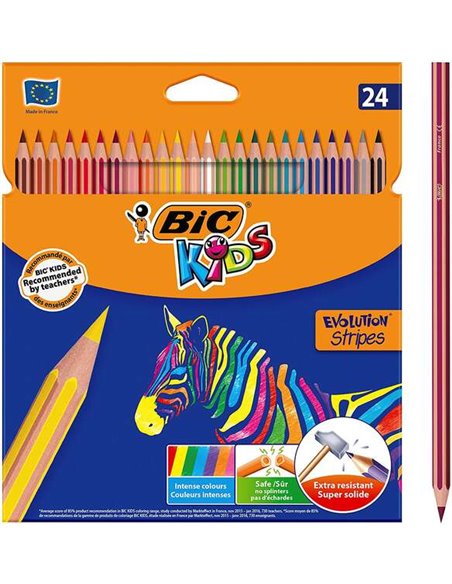 Bic Kids Evolution Stripes Boîte de 24 crayons de couleur assortis - En résine - Pointe ultra-résistante - Mine pigmentée 3,20 m