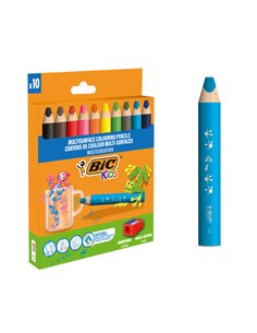 Crayons de couleur Bic Kids Multisurface, lot de 10 + taille-crayons - Corps triangulaire - Mines effaçables sur surfaces non po
