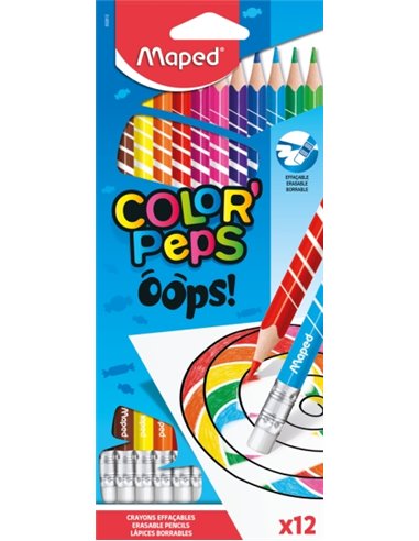 Maped Color'Peps Oops Lot de 12 crayons de couleur effaçables - Mine 2,9 mm - Avec gomme - Sans bois - Couleurs assorties