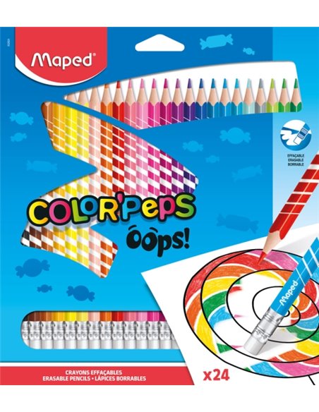 Maped Color'Peps Oops Lot de 24 crayons de couleur effaçables - Mine 2,9 mm - Avec gomme - Sans bois - Couleurs assorties
