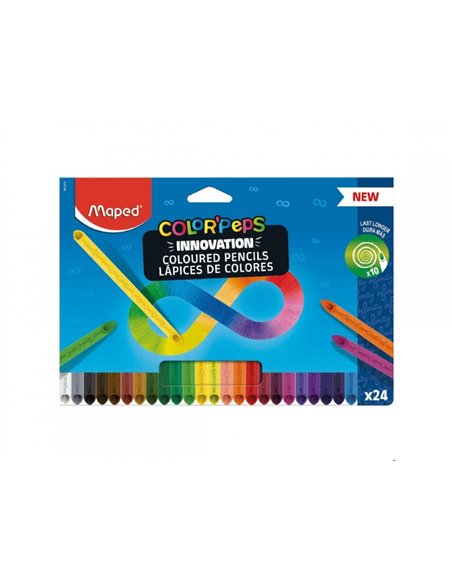 Crayons de couleur longue tenue Maped ColorPeps Infinity, pack de 24 – Entièrement en mine – Couleurs assorties